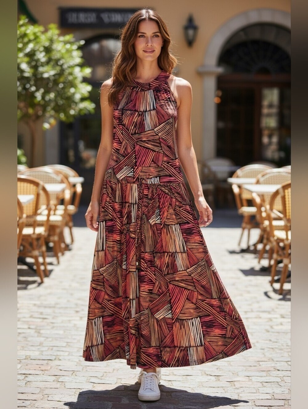 Calvin Klein Sleeveless Geometric Print Maxi Dress in Rust & Black